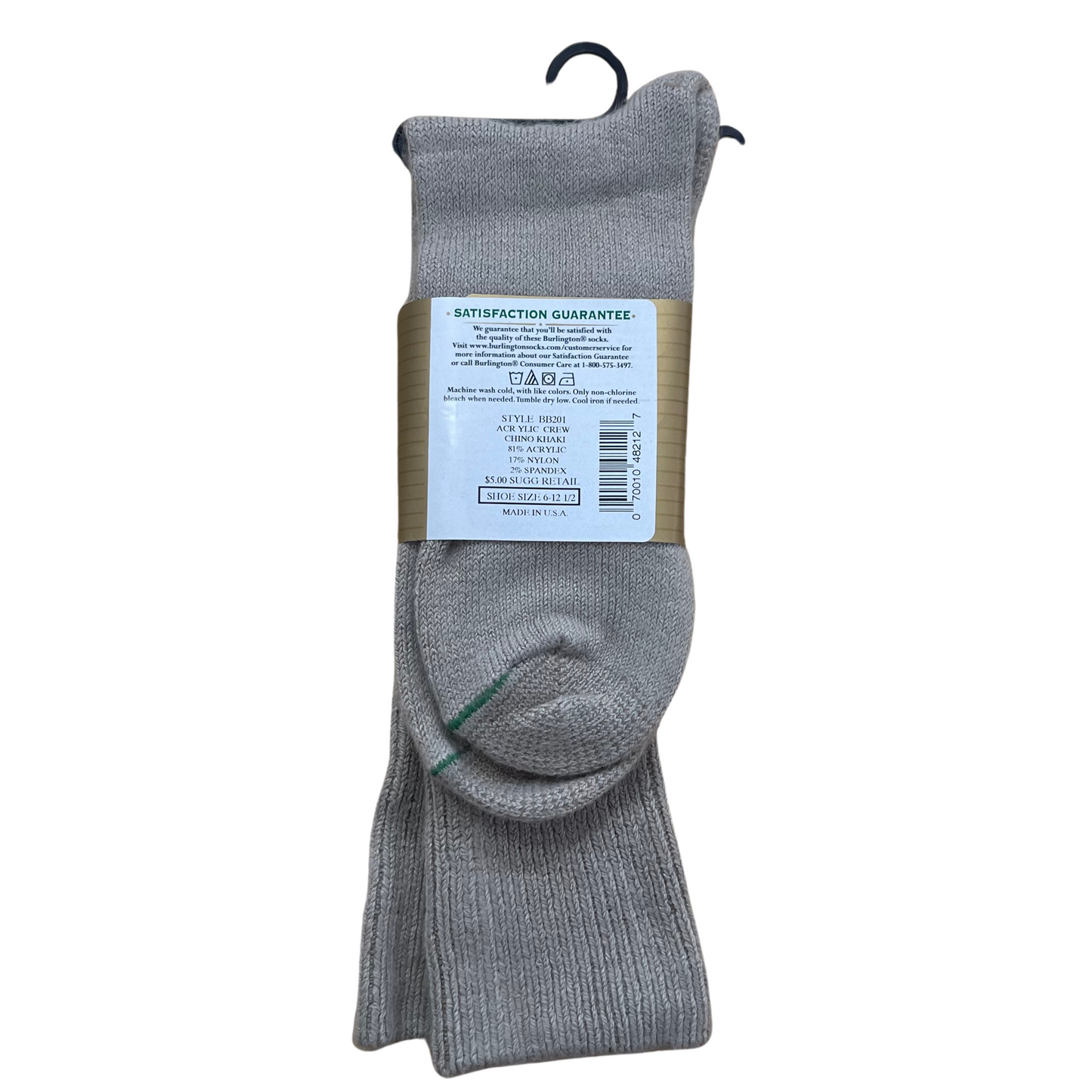 Rear photo of sock 1 pair - casual acrylic crew in Chino Khaki Color