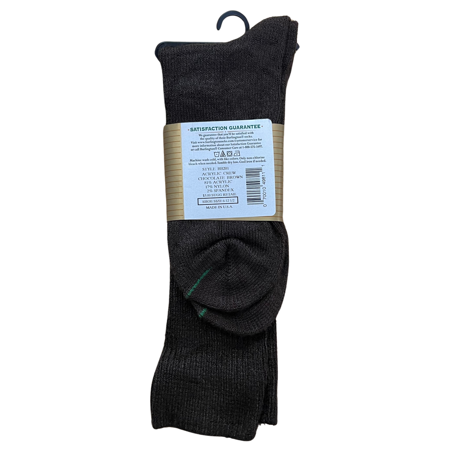 Rear photo of sock 1 pair - casual acrylic crew in Chocolate Brown
