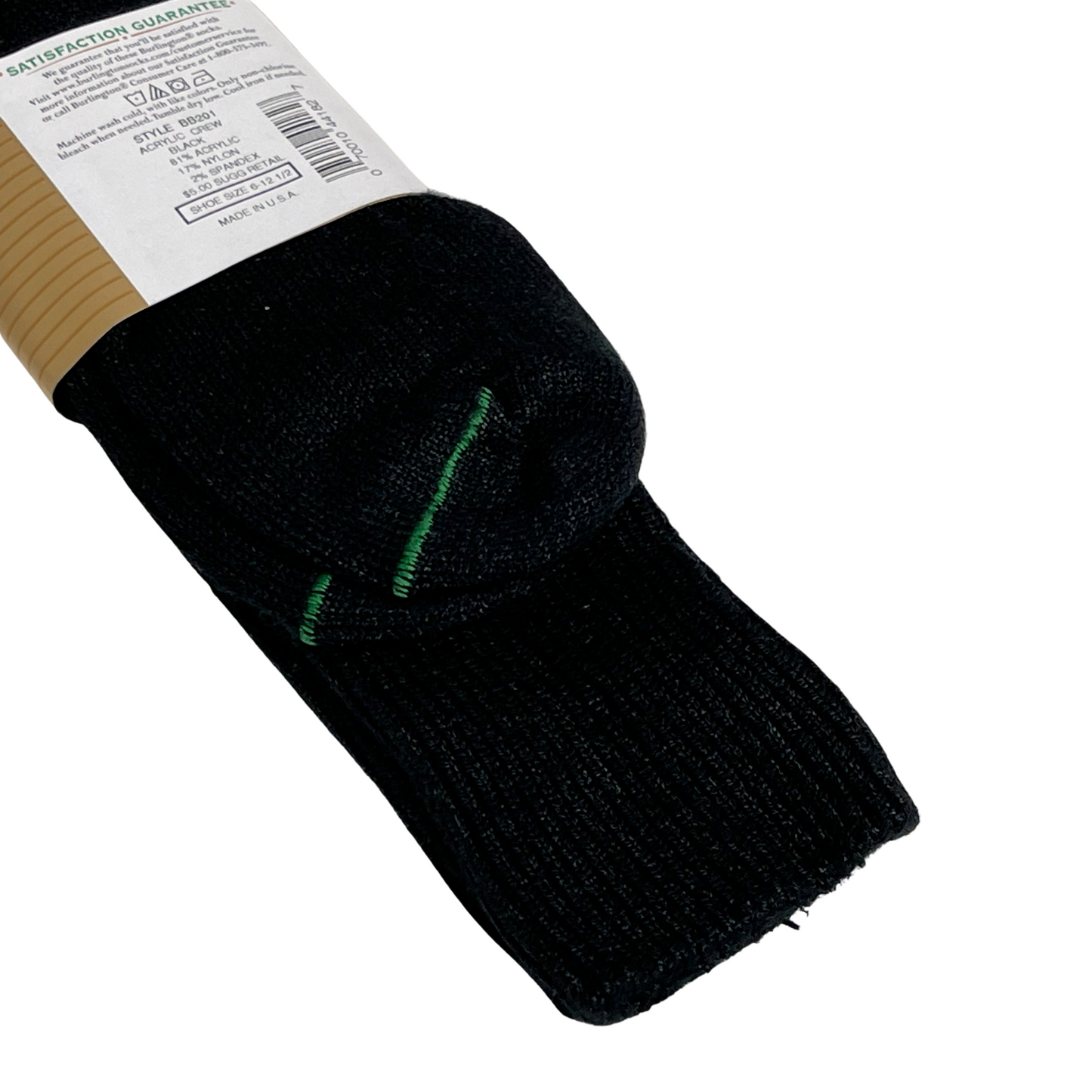 BB201 Black Casual Acrylic Sock close up on back of packaging you can see the toe seams with the green seam stitch.