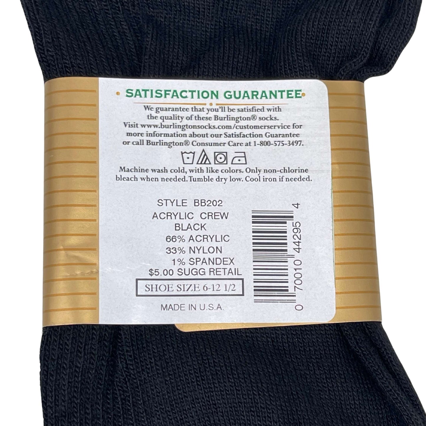 BB202 Dress Acrylic Sock - Black Close up on rear product label. Made of 66% acrylic, 33% nylon, 1% spandex.
Shoe size is from 6 through 12 and a half.