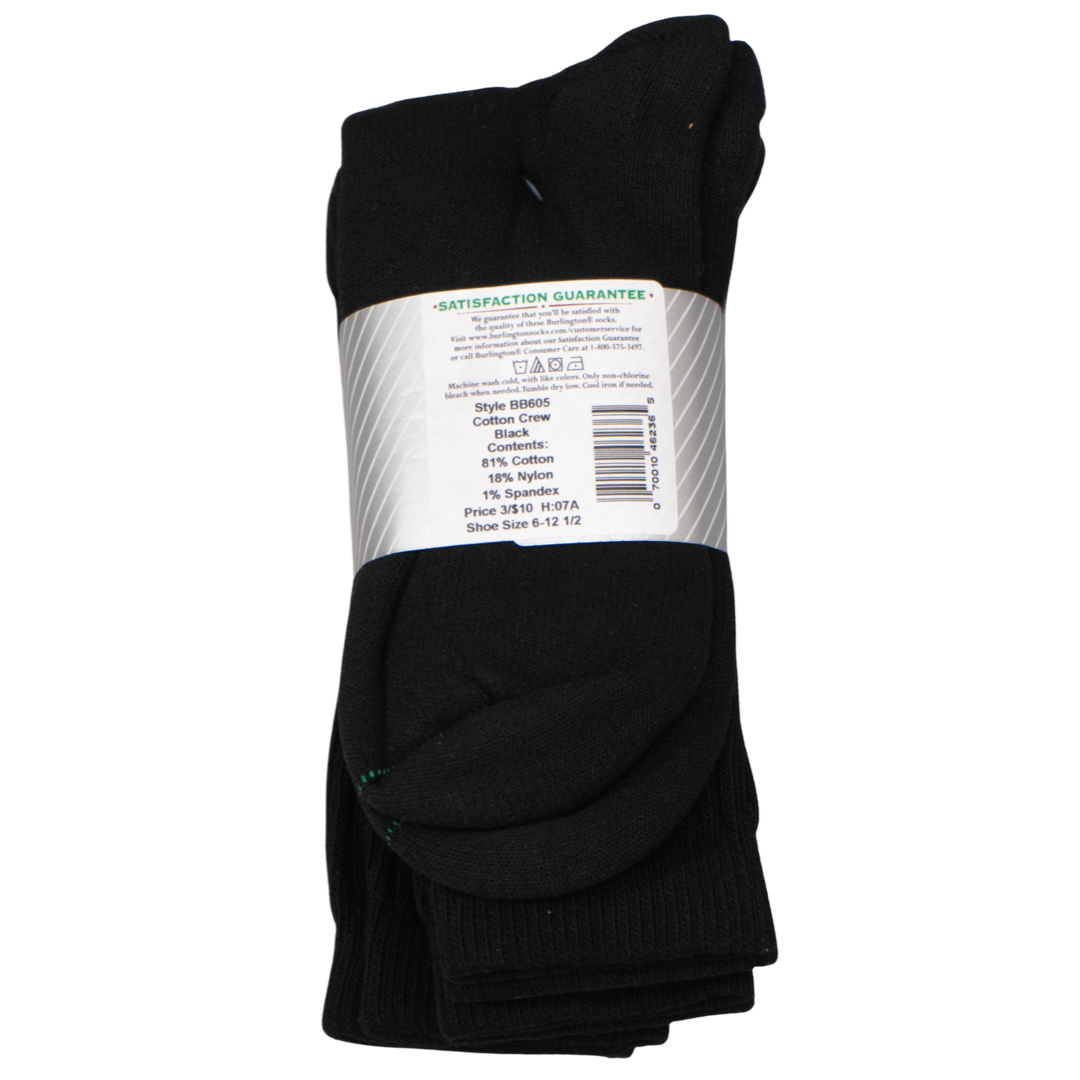 BB605 Burlington Sport Socks 3 pack - Black - back cover photo of black athletic crew socks in a 3 pair pack. Made of 81% cotton, 18% nylon and 1% spandex. Made in USA for shoe size 6 and a half through size 12 and a half.