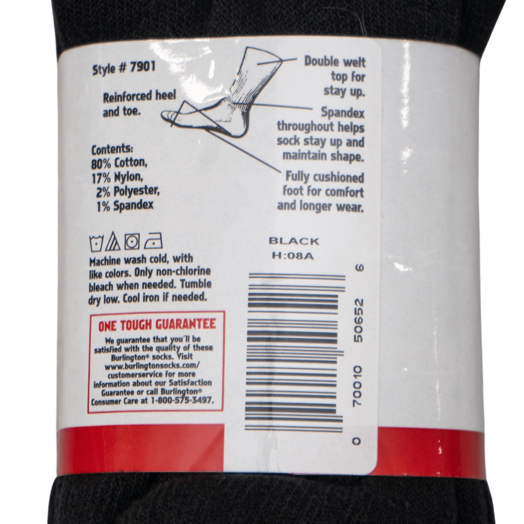BB7901 One Tough Sock - Black Rear label close up. Made in usa of 80% cotton, 17% nylon, 2% polyester, 1% spandex.
Double welt top for stay up. Spandex throughout helps sock stay up and maintain shape.
Fully cushioned foot for comfort and longer wear.
Reinforced heel and toe.