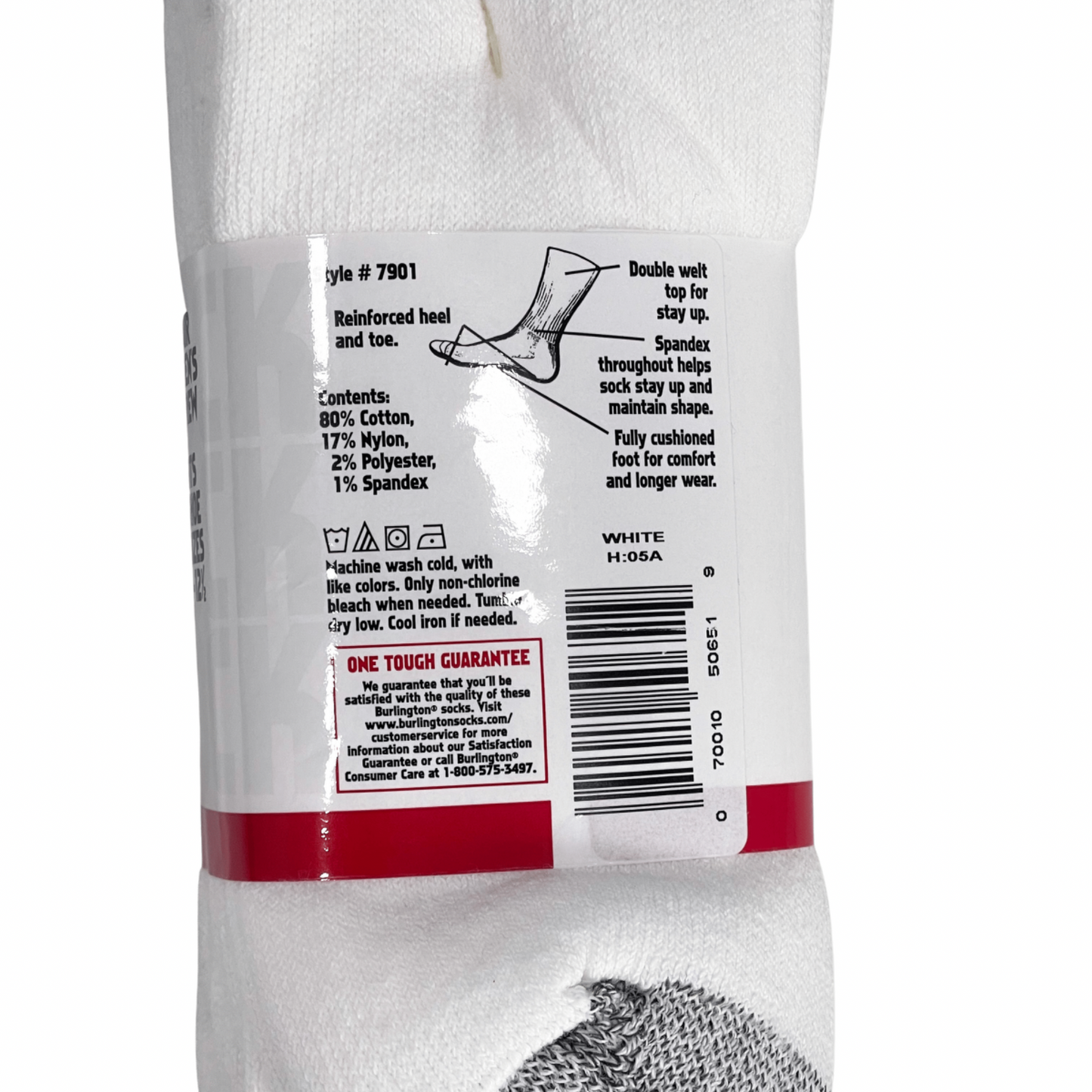 Close up on Rear Product Label: INTERWOVEN "ONE TOUGH SOCK" CASUAL COTTON CUSHION CREW - White
BB7901 One Tough Sock - White Rear label close up. Made in usa of 80% cotton, 17% nylon, 2% polyester, 1% spandex.
Double welt top for stay up. Spandex throughout helps sock stay up and maintain shape.
Fully cushioned foot for comfort and longer wear.
Reinforced heel and toe.