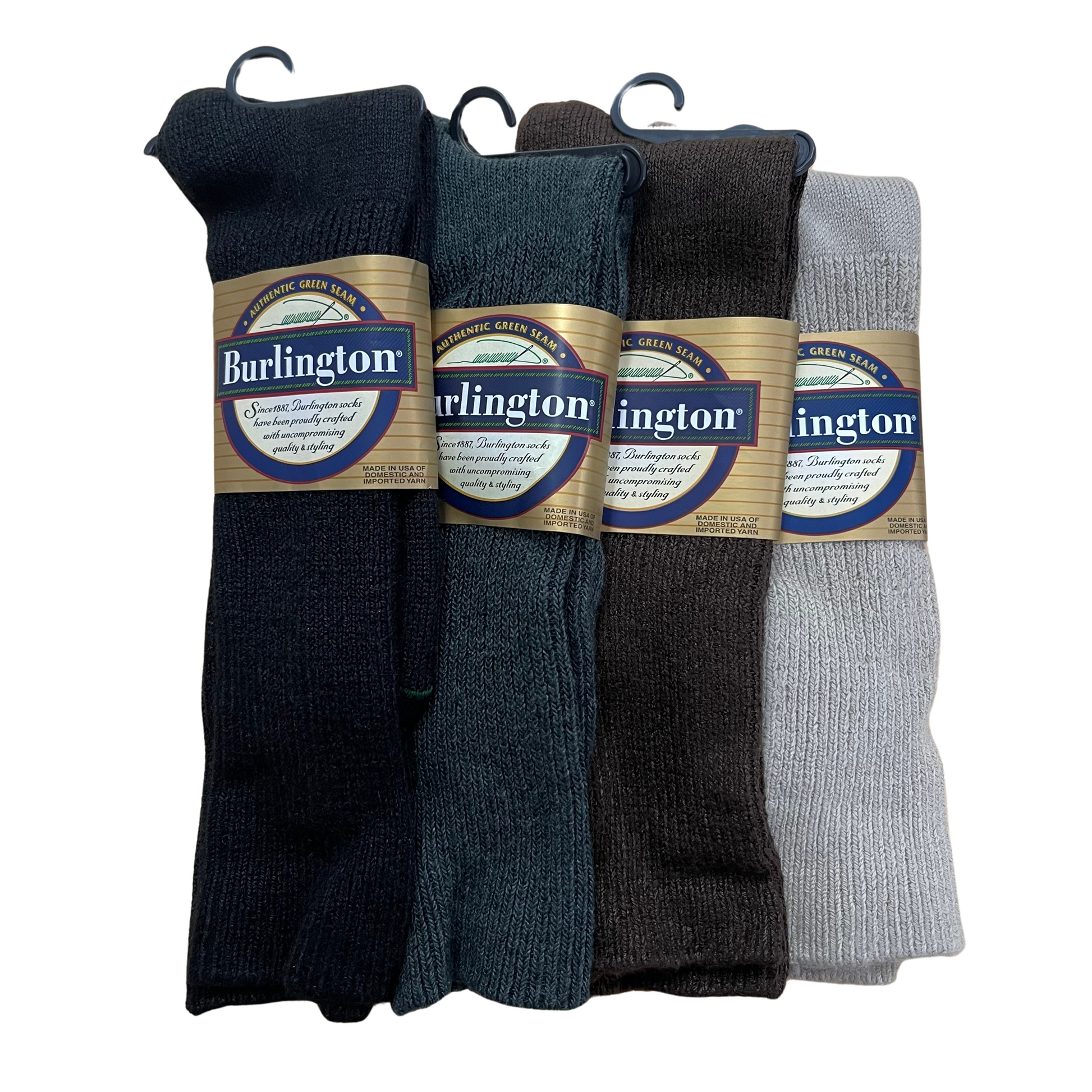 an overhead shot of 4 pairs of socks lined up next to each other. The BB201 Casual Acrylic Sock in all 4 colors, black, Charcoal Heather grey, Chocolate brown, and Chino khaki.

