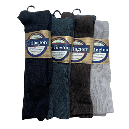 an overhead shot of 4 pairs of socks lined up next to each other. The BB201 Casual Acrylic Sock in all 4 colors, black, Charcoal Heather grey, Chocolate brown, and Chino khaki.

