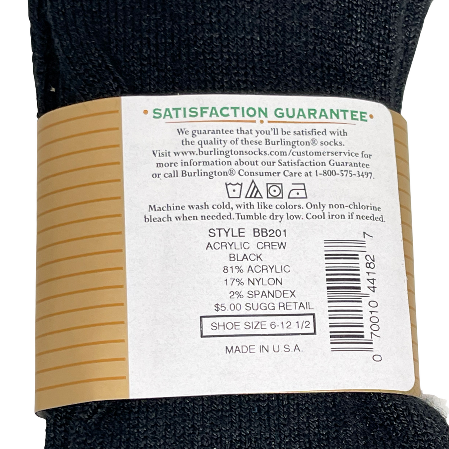 close up photo of the rear label on the BB201 Black Casual Acrylic Sock. 81% Acrylic, 17% nylon, % spandex, fits shoe size 6 through 12 and a half. Made in USA.  Burlington Customer Care 1800-575-3497. 