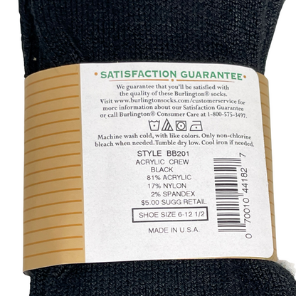 close up photo of the rear label on the BB201 Black Casual Acrylic Sock. 81% Acrylic, 17% nylon, % spandex, fits shoe size 6 through 12 and a half. Made in USA.  Burlington Customer Care 1800-575-3497. 