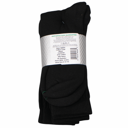 BB605 Burlington Sport Socks 3 pack - Black - back cover photo of black athletic crew socks in a 3 pair pack. Made of 81% cotton, 18% nylon and 1% spandex. Made in USA for shoe size 6 and a half through size 12 and a half.