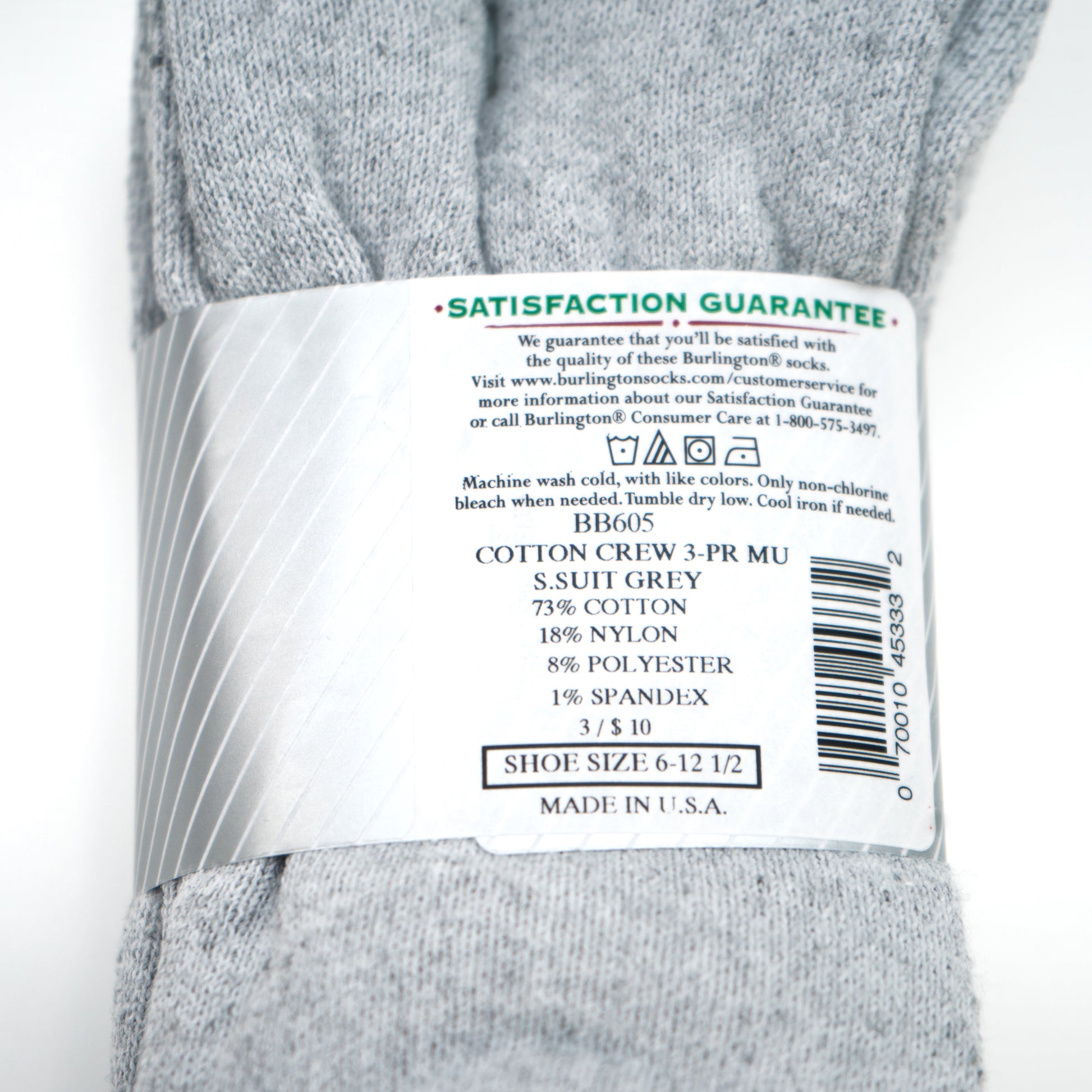 BB605 Burlington Sport Socks 3 pack - Grey - back cover photo of grey athletic crew socks in a 3 pair pack. Made of 73% cotton, 18% nylon, 8% polyester, and 1% spandex. Made in USA for shoe size 6 and a half through size 12 and a half.