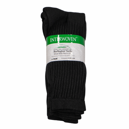 Cover photo of black 3 pair p[ack of crew socks from Interwoven in the product packaging with the label wrapped around the middle
