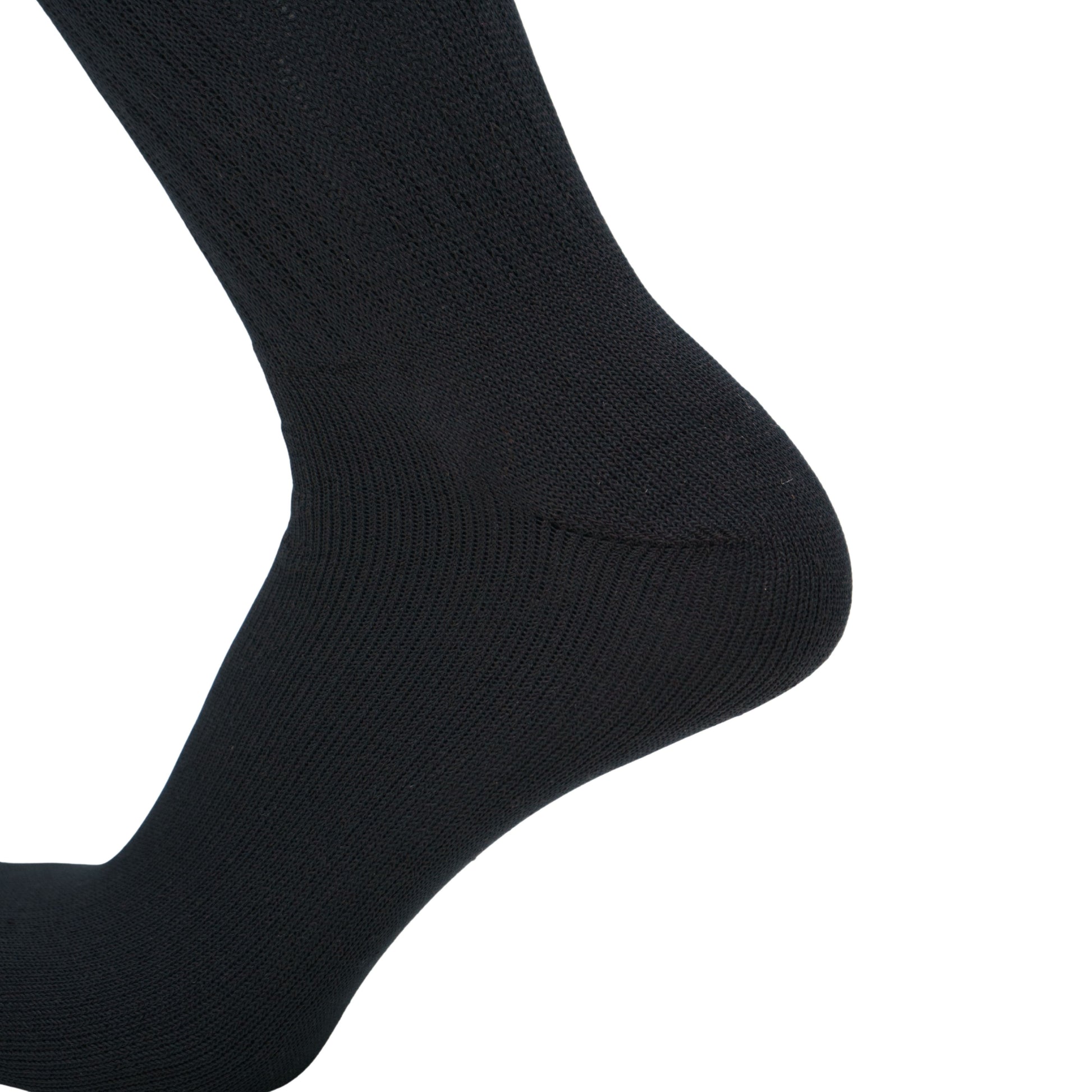 FD380 Foundation Seemfree Diabetic Dress socks close up on heel stitch while on foot mannequin.