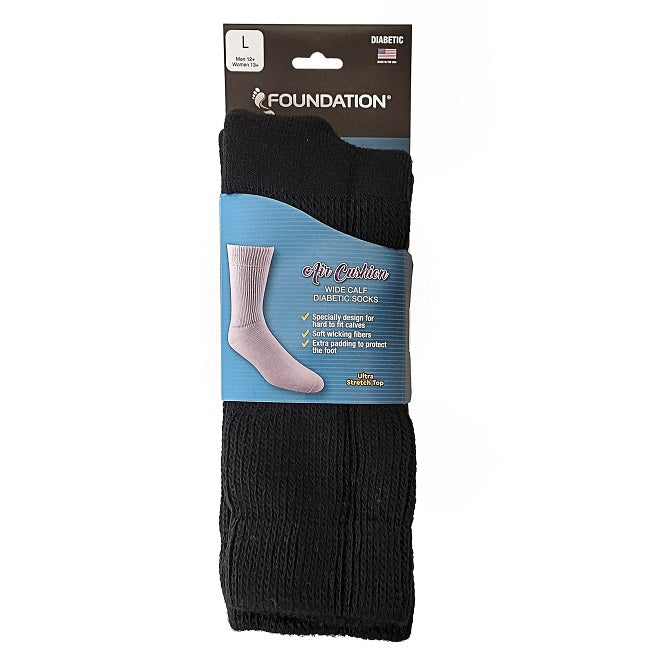 FOUNDATION® DIABETIC AIR CUSHION WIDE CALF CREW SOCKS - BLACK