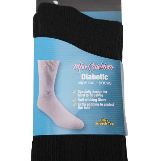 FD390BLK front close up of product label. Made in usa. 

Specially designed for hard to fit calves.

Soft wicking fibers.

Extra padding to protect the foot.

Ultra stretch top.